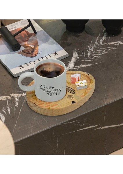 Kişiye Özel Modern Art Tasarımlı Doğal Ahşap Tabaklı Türk Kahvesi Fincanı Sunum Seti Model 5