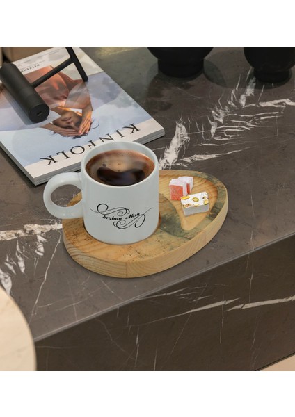 Kişiye Özel Mermer Tasarımlı Doğal Ahşap Tabaklı Türk Kahvesi Fincanı Sunum Seti Model 17