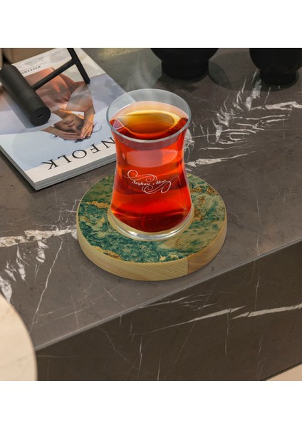 Kişiye Özel Mermer Tasarımlı Doğal Ahşap Tabaklı Heybeli Çay Bardağı Model 9