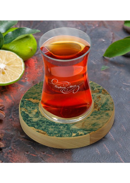 Kişiye Özel Mermer Tasarımlı Doğal Ahşap Tabaklı Heybeli Çay Bardağı Model 9 fiyatları