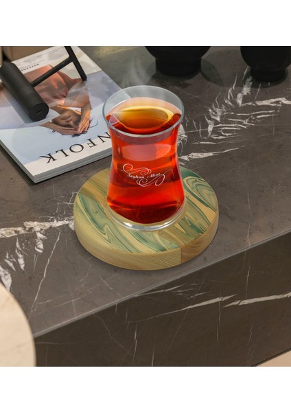 Kişiye Özel Mermer Tasarımlı Doğal Ahşap Tabaklı Heybeli Çay Bardağı Model 2