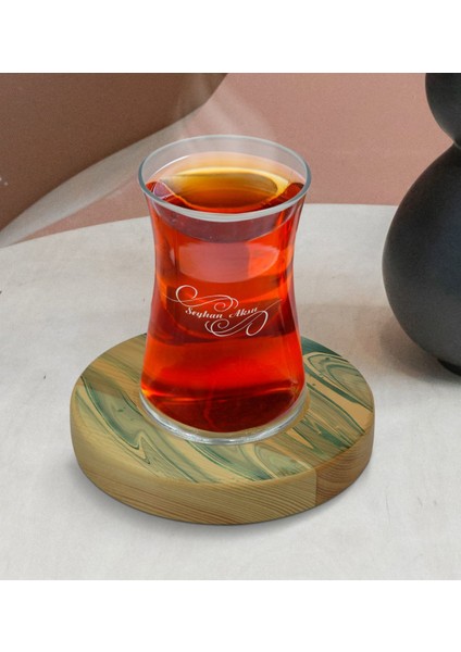 Kişiye Özel Mermer Tasarımlı Doğal Ahşap Tabaklı Heybeli Çay Bardağı Model 2