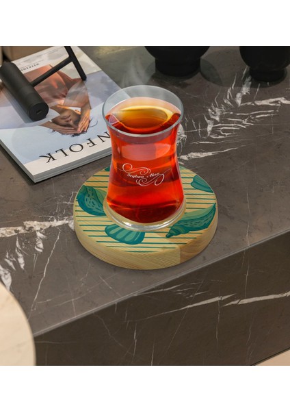 Kişiye Özel Deniz Kabukları Tasarımlı Doğal Ahşap Tabaklı Heybeli Çay Bardağı Model 2