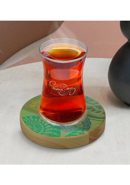 Kişiye Özel Deniz Kabukları Tasarımlı Doğal Ahşap Tabaklı Heybeli Çay Bardağı Model 1 modelleri