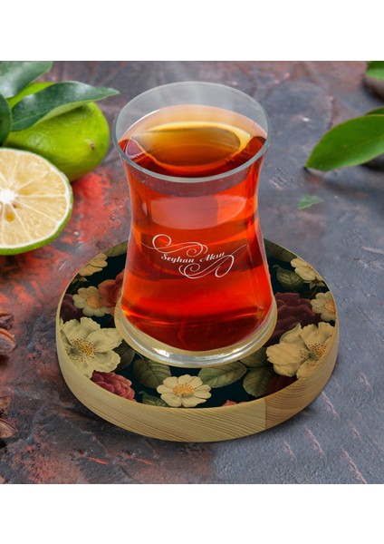 Kişiye Özel Çiçekler Tasarımlı Doğal Ahşap Tabaklı Heybeli Çay Bardağı Model 6