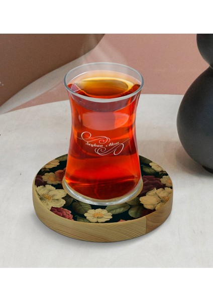Kişiye Özel Çiçekler Tasarımlı Doğal Ahşap Tabaklı Heybeli Çay Bardağı Model 6