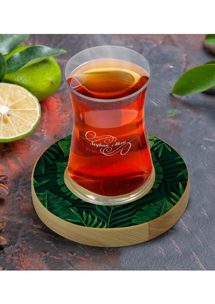 Kişiye Özel Yapraklar Tasarımlı Doğal Ahşap Tabaklı Heybeli Çay Bardağı Model 10