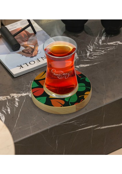 Kişiye Özel Yapraklar Tasarımlı Doğal Ahşap Tabaklı Heybeli Çay Bardağı Model 7