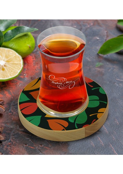 Kişiye Özel Yapraklar Tasarımlı Doğal Ahşap Tabaklı Heybeli Çay Bardağı Model 7 fiyatları