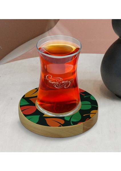 Kişiye Özel Yapraklar Tasarımlı Doğal Ahşap Tabaklı Heybeli Çay Bardağı Model 7 modelleri