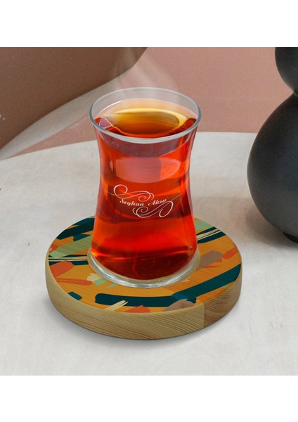 Kişiye Özel Modern Art Tasarımlı Doğal Ahşap Tabaklı Heybeli Çay Bardağı Model 7 modelleri
