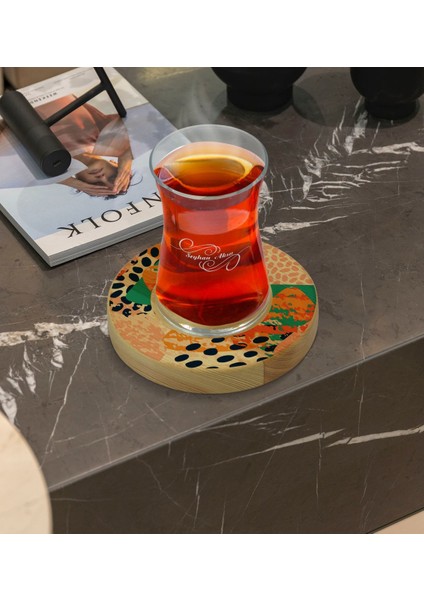 Kişiye Özel Modern Art Tasarımlı Doğal Ahşap Tabaklı Heybeli Çay Bardağı Model 1