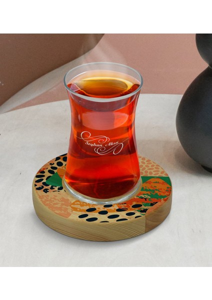 Kişiye Özel Modern Art Tasarımlı Doğal Ahşap Tabaklı Heybeli Çay Bardağı Model 1