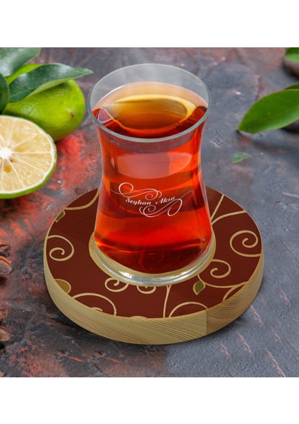 Kişiye Özel Retro Motif Tasarımlı Doğal Ahşap Tabaklı Heybeli Çay Bardağı Model 1