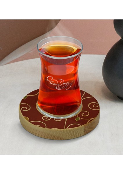 Kişiye Özel Retro Motif Tasarımlı Doğal Ahşap Tabaklı Heybeli Çay Bardağı Model 1
