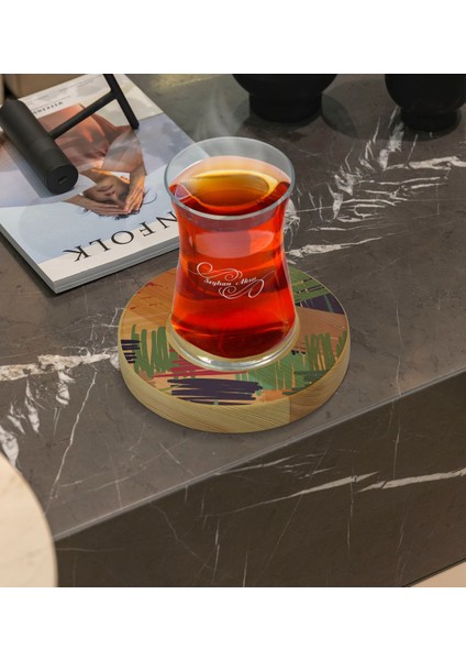 Kişiye Özel Modern Art Tasarımlı Doğal Ahşap Tabaklı Heybeli Çay Bardağı Model 11