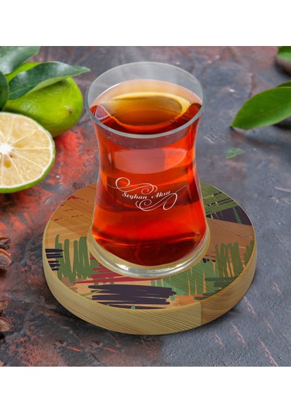 Kişiye Özel Modern Art Tasarımlı Doğal Ahşap Tabaklı Heybeli Çay Bardağı Model 11