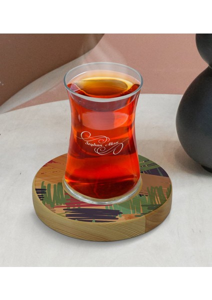 Kişiye Özel Modern Art Tasarımlı Doğal Ahşap Tabaklı Heybeli Çay Bardağı Model 11
