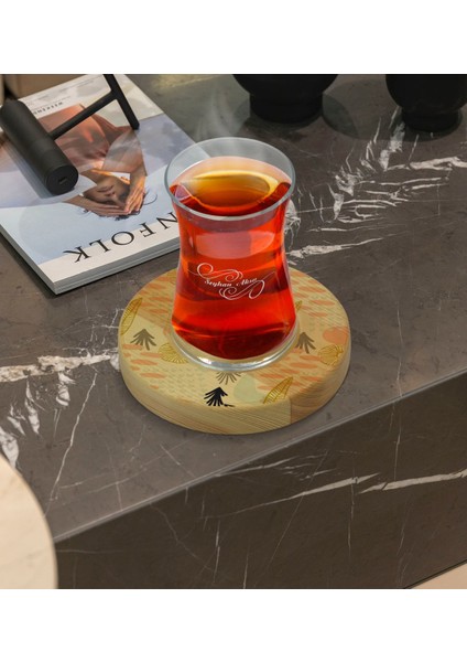 Kişiye Özel Modern Art Tasarımlı Doğal Ahşap Tabaklı Heybeli Çay Bardağı Model 5