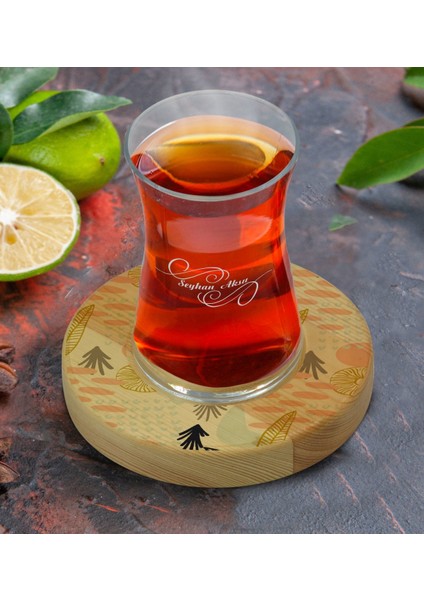 Kişiye Özel Modern Art Tasarımlı Doğal Ahşap Tabaklı Heybeli Çay Bardağı Model 5