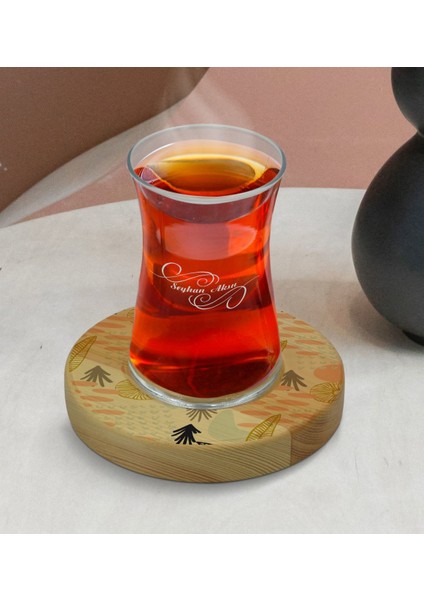 Kişiye Özel Modern Art Tasarımlı Doğal Ahşap Tabaklı Heybeli Çay Bardağı Model 5
