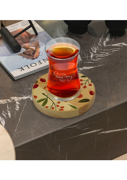 Kişiye Özel Meyve Tasarımlı Doğal Ahşap Tabaklı Heybeli Çay Bardağı Model 1