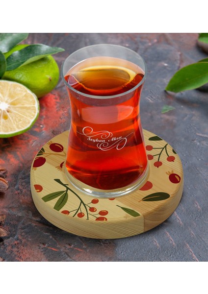 Kişiye Özel Meyve Tasarımlı Doğal Ahşap Tabaklı Heybeli Çay Bardağı Model 1