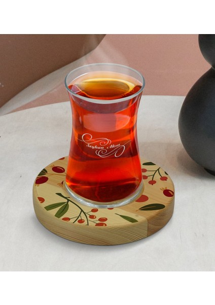 Kişiye Özel Meyve Tasarımlı Doğal Ahşap Tabaklı Heybeli Çay Bardağı Model 1