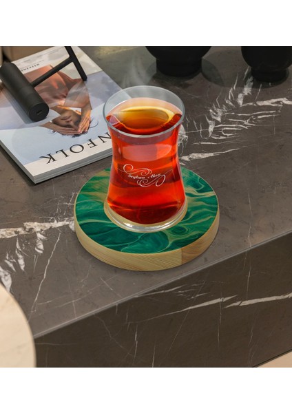 Kişiye Özel Mermer Tasarımlı Doğal Ahşap Tabaklı Heybeli Çay Bardağı Model 12