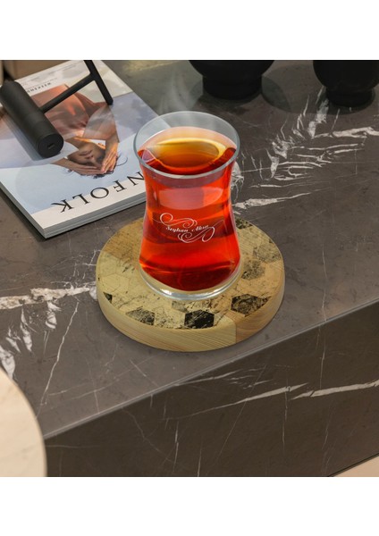 Kişiye Özel Mermer Tasarımlı Doğal Ahşap Tabaklı Heybeli Çay Bardağı Model 15