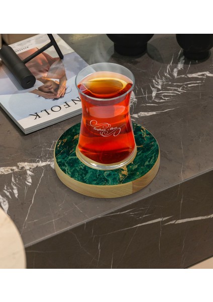 Kişiye Özel Mermer Tasarımlı Doğal Ahşap Tabaklı Heybeli Çay Bardağı Model 10