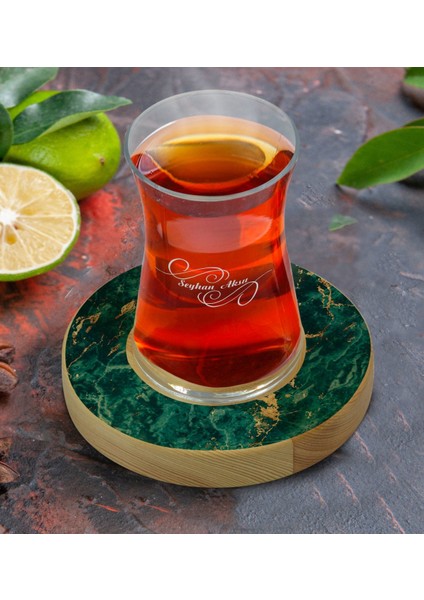Kişiye Özel Mermer Tasarımlı Doğal Ahşap Tabaklı Heybeli Çay Bardağı Model 10