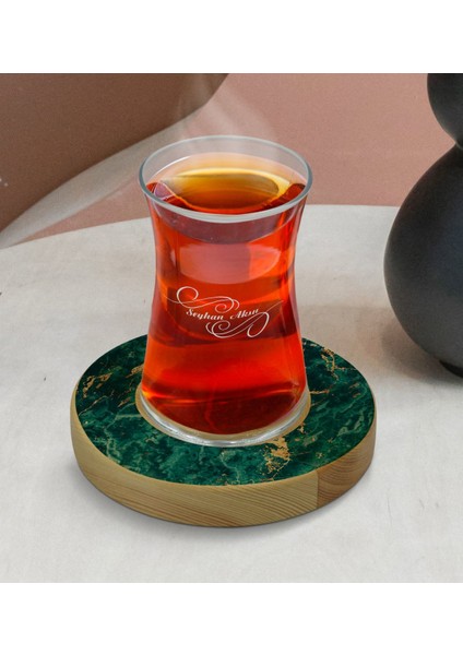 Kişiye Özel Mermer Tasarımlı Doğal Ahşap Tabaklı Heybeli Çay Bardağı Model 10