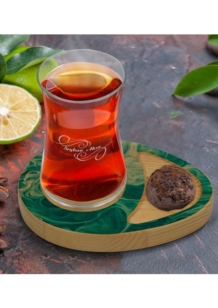 Kişiye Özel Mermer Tasarımlı Doğal Ahşap Tabaklı Heybeli Çay Bardağı Sunum Seti Model 12
