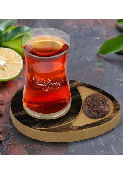 Kişiye Özel Mermer Tasarımlı Doğal Ahşap Tabaklı Heybeli Çay Bardağı Sunum Seti Model 8