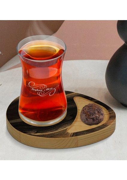 Kişiye Özel Mermer Tasarımlı Doğal Ahşap Tabaklı Heybeli Çay Bardağı Sunum Seti Model 8
