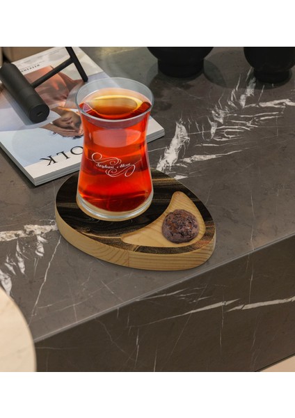 Kişiye Özel Mermer Tasarımlı Doğal Ahşap Tabaklı Heybeli Çay Bardağı Sunum Seti Model 8