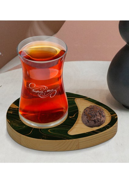 Kişiye Özel Mermer Tasarımlı Doğal Ahşap Tabaklı Heybeli Çay Bardağı Sunum Seti Model 4