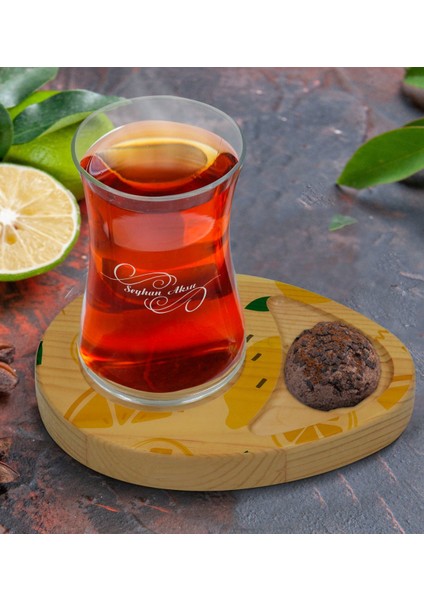 Kişiye Özel Limon Tasarımlı Doğal Ahşap Tabaklı Heybeli Çay Bardağı Sunum Seti Model 1