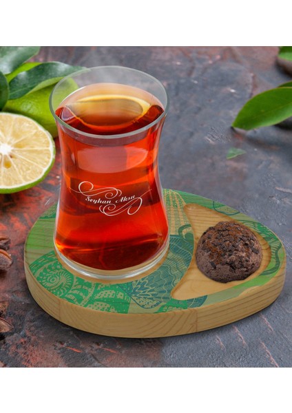 Kişiye Özel Deniz Kabukları Tasarımlı Doğal Ahşap Tabaklı Heybeli Çay Bardağı Sunum Seti Model 1