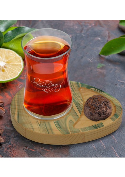 Kişiye Özel Mermer Tasarımlı Doğal Ahşap Tabaklı Heybeli Çay Bardağı Sunum Seti Model 2