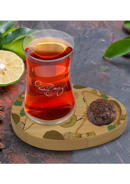 Kişiye Özel Kivi Tasarımlı Doğal Ahşap Tabaklı Heybeli Çay Bardağı Sunum Seti Model 1