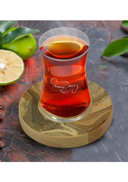 Kişiye Özel Mermer Tasarımlı Doğal Ahşap Tabaklı Heybeli Çay Bardağı Model 5 fiyatları