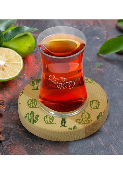 Kişiye Özel Kaktüs Tasarımlı Doğal Ahşap Tabaklı Heybeli Çay Bardağı Model 2