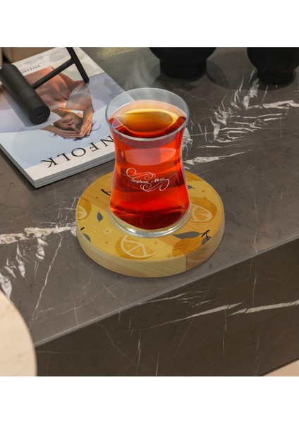 Kişiye Özel Limon Tasarımlı Doğal Ahşap Tabaklı Heybeli Çay Bardağı Model 2