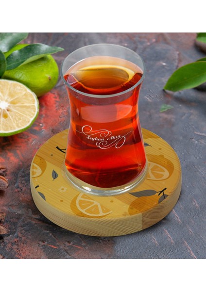 Kişiye Özel Limon Tasarımlı Doğal Ahşap Tabaklı Heybeli Çay Bardağı Model 2