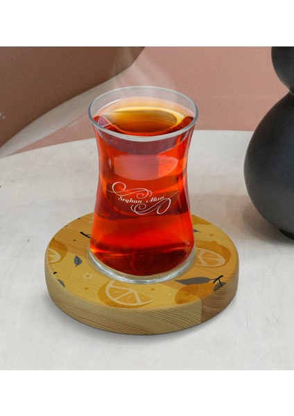 Kişiye Özel Limon Tasarımlı Doğal Ahşap Tabaklı Heybeli Çay Bardağı Model 2