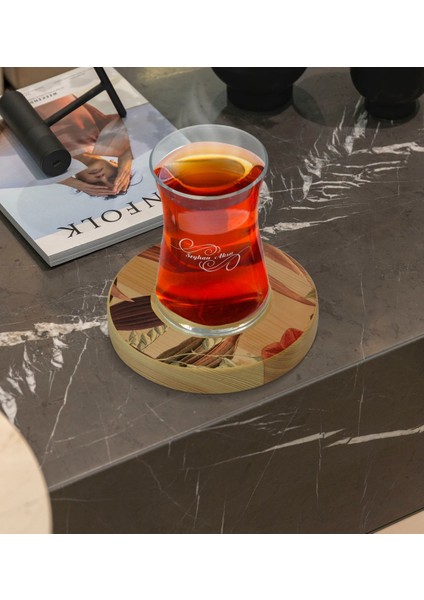 Kişiye Özel Çiçekler Tasarımlı Doğal Ahşap Tabaklı Heybeli Çay Bardağı Model 3
