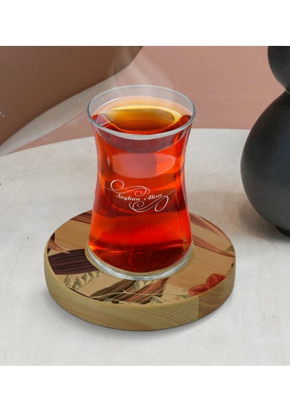 Kişiye Özel Çiçekler Tasarımlı Doğal Ahşap Tabaklı Heybeli Çay Bardağı Model 3