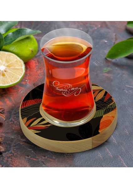 Kişiye Özel Yapraklar Tasarımlı Doğal Ahşap Tabaklı Heybeli Çay Bardağı Model 11